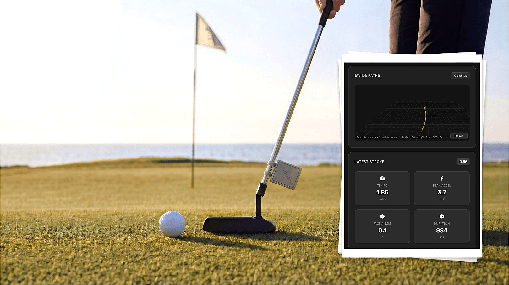 Pioneer 1 on putter with swing path and stroke data overlay—precision AI motion detection for your stroke mechanics, tempo, and alignment