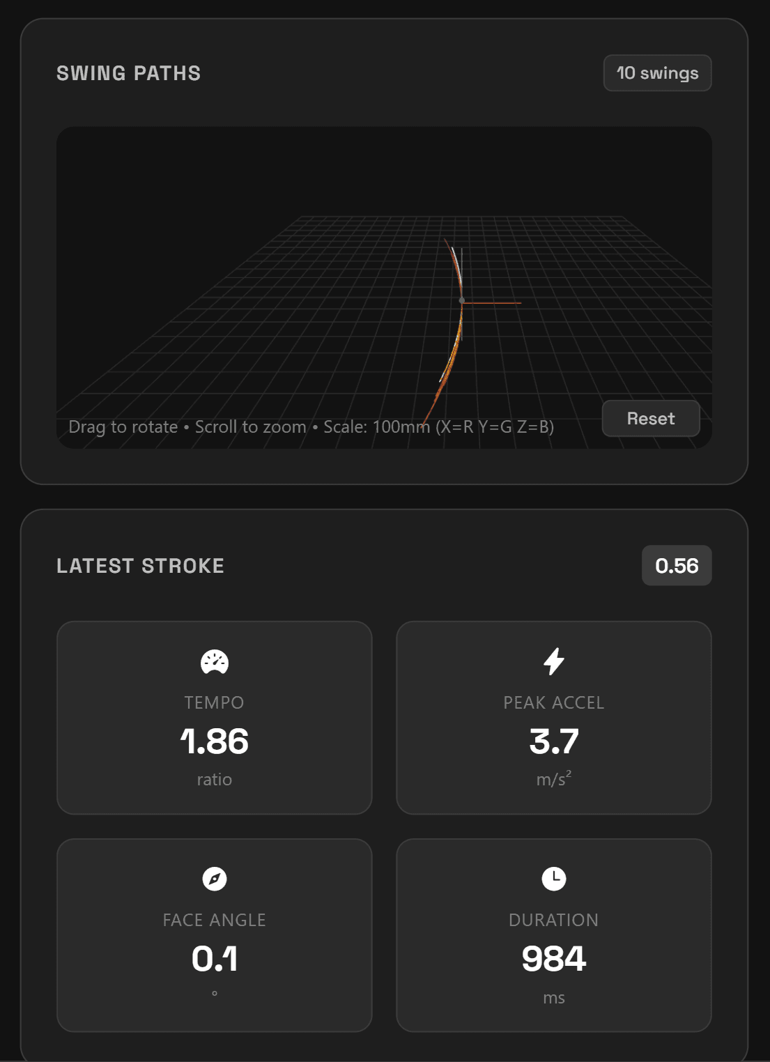 Pioneer 1 app demo—stroke data and swing path on device