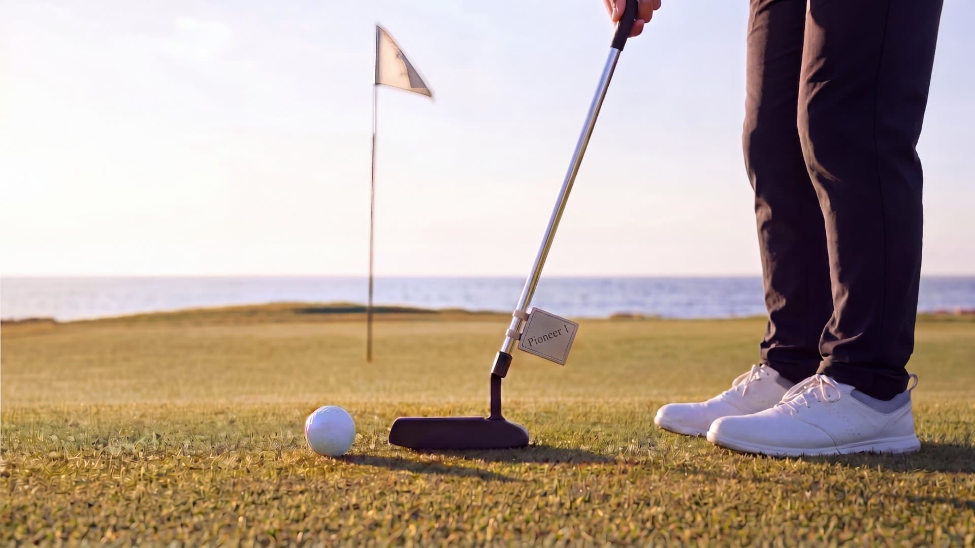 A golfer addressing a putt at sunset with Pioneer 1 mounted on the putter shaft